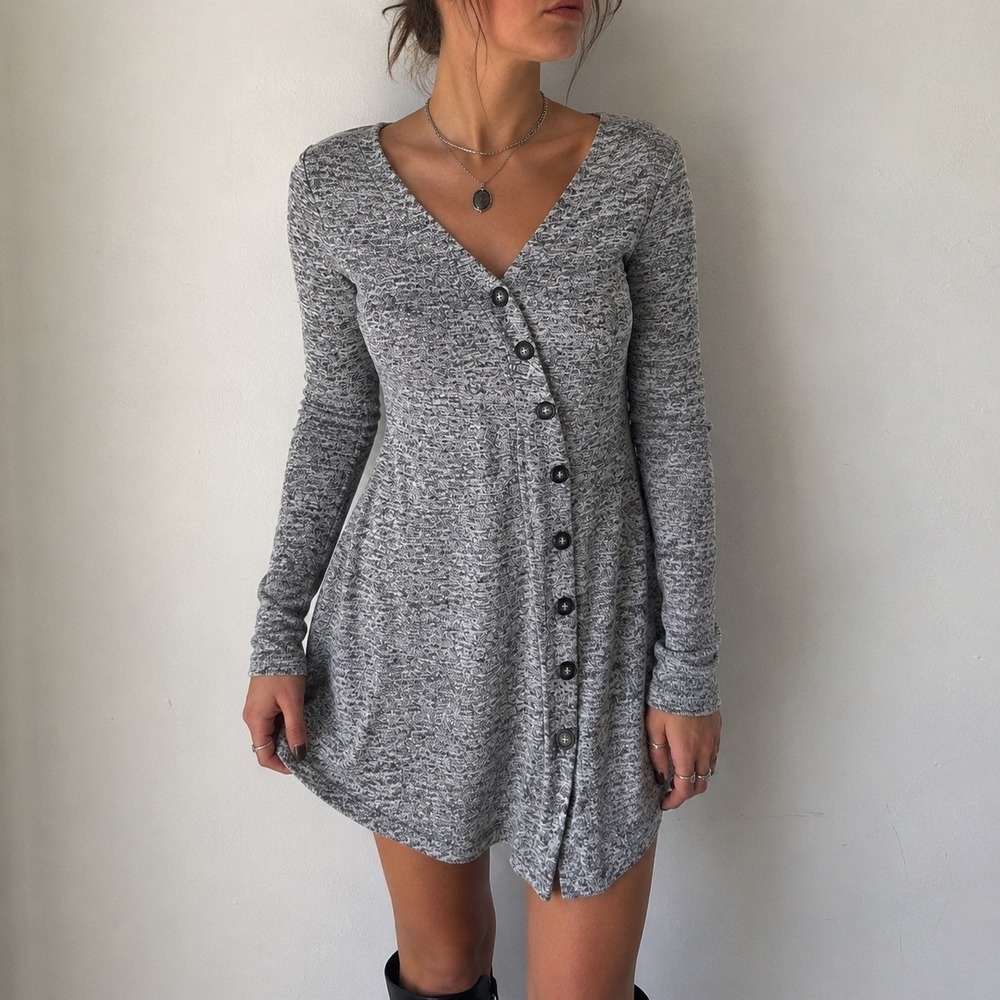 Altar'd State Gray‎ Marl Knit Asymmetrical Button Dress Medium Skater Grunge
